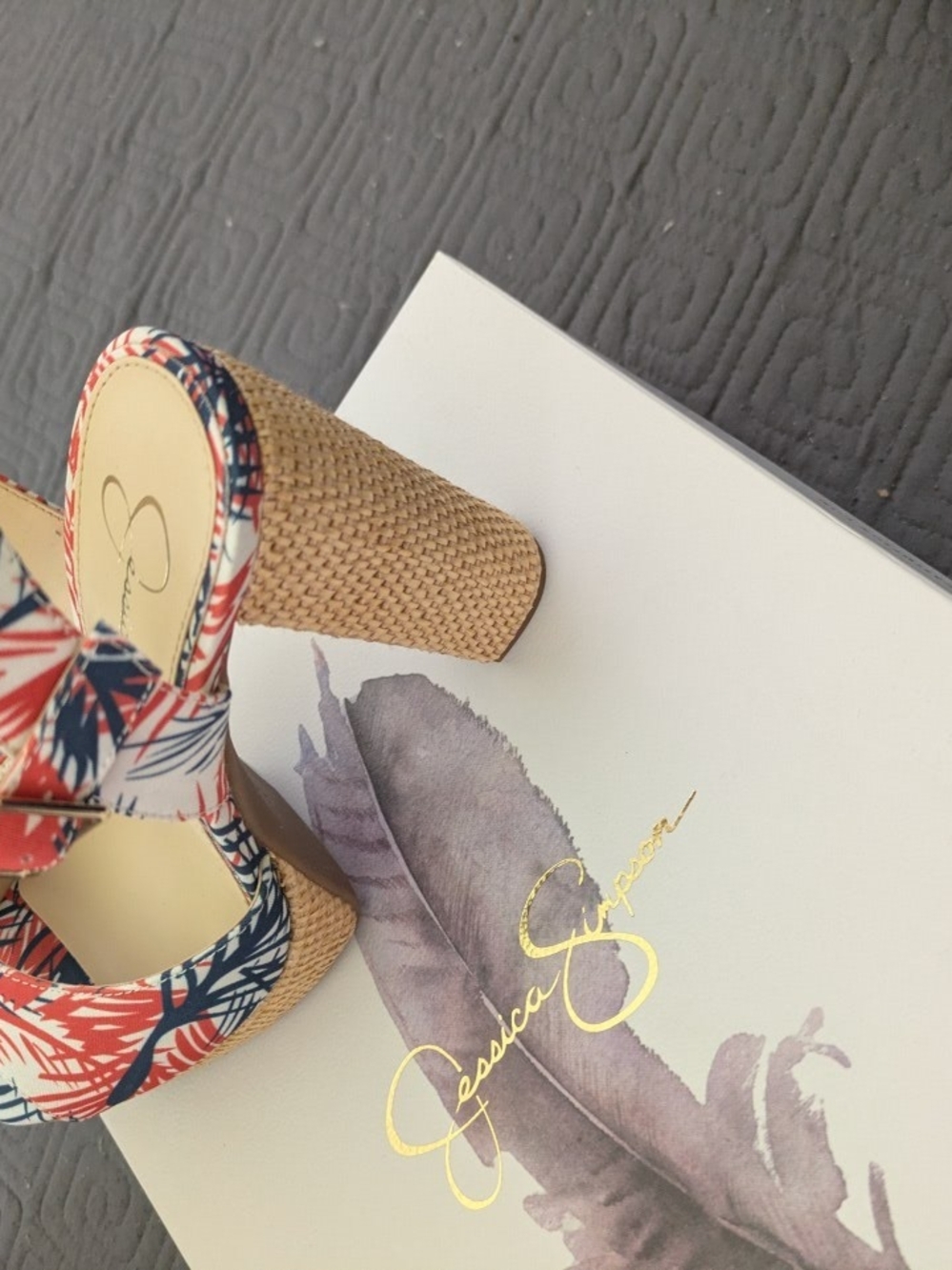 Jessica Simpson Coral and Navy Tropical Print Platform Sandals - Picture 3 of 6